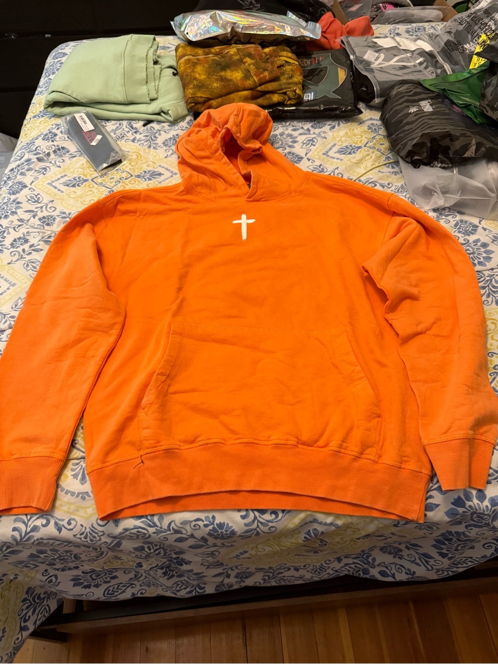 Ringspun Jesus Love You Orange Hooded Pullover Sweatshirt with Cross Detail